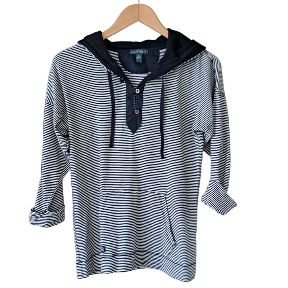 LAUREN Ralph Lauren Navy Stripe Jersey Hoodie Top Medium - Picture 6 of 9